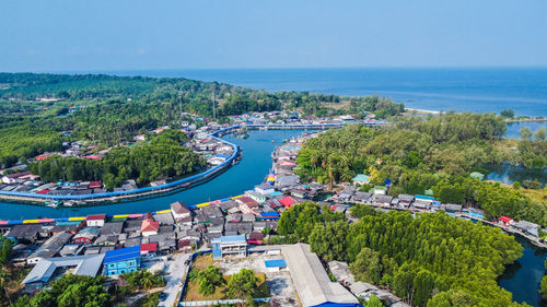 High angle view of cityscape against sky