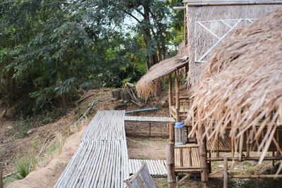 Wooden house by trees and plants