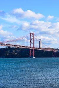 Golden gate bridge over river against cloudy sky