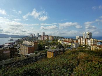 High angle view of buildings against sky