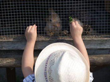 Rear view of child feeding rabbit in cage