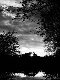 Silhouette trees by lake against sky during sunset