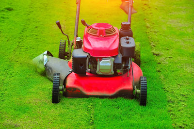 High angle view of toy car on field