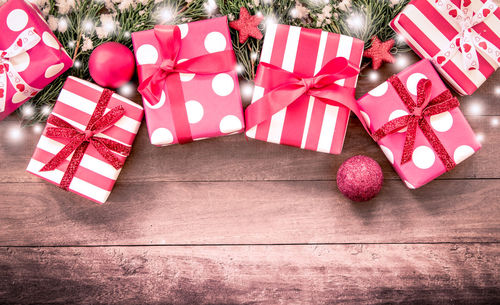 High angle view of christmas gifts on table