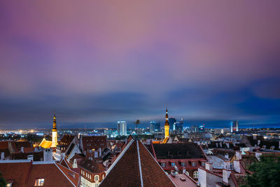 High angle view of illuminated buildings against sky during sunset