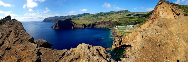 Panoramic view of rocks in sea against sky