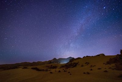 Scenic view of mountain against sky at night