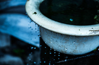 Close-up of water dripping from smoke stack during monsoon