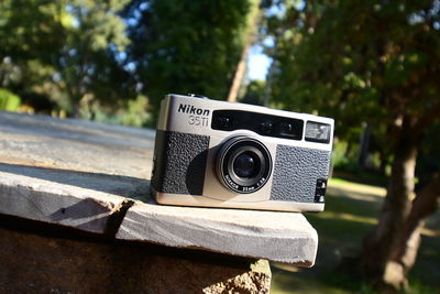 Close-up of camera on tree