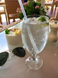 Close-up of ice cream in glass on table