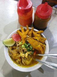 High angle view of meal served on table