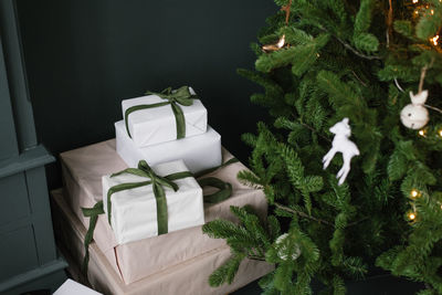 Christmas boxes with gifts tied with ribbons lie under a tree with lights