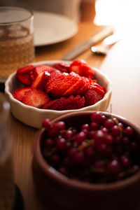 High angle view of strawberries in bowl on table