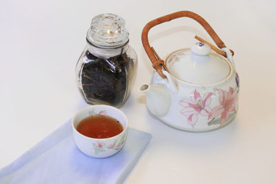 High angle view of tea served on table