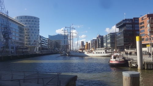 City buildings by river against sky