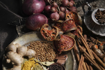 High angle view of fruits on table