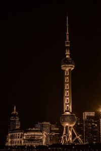 Oriental pearl tower against sky in city at night