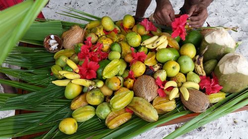 High angle view of fruits in container at market