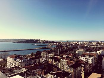 Aerial view of cityscape against blue sky