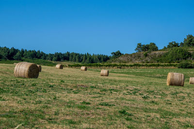 Hay bales on field against sky