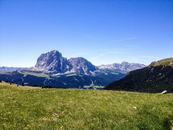Scenic view of mountains against clear blue sky