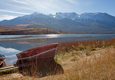 Scenic view of lake by mountains against sky