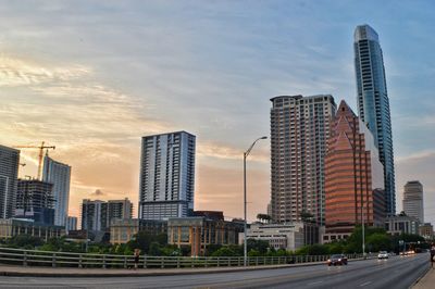 City skyline at sunset