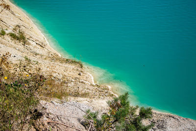 High angle view of rocks on beach