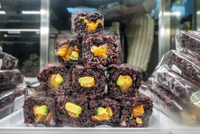 Close-up of chocolate cake for sale in store