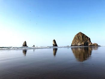 Rocks in sea against clear sky