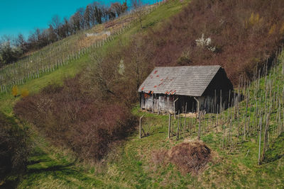 View of cottage on field