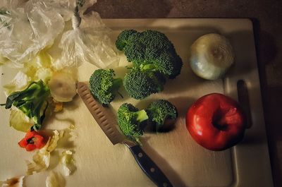 High angle view of vegetables on cutting board