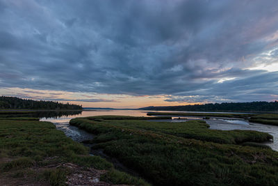 Scenic view of lake against sky during sunset