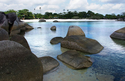 Scenic view of rocks in water against sky