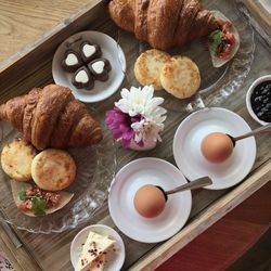 High angle view of breakfast on table