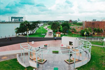 High angle view of lake and park