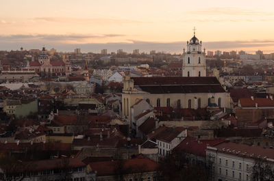 High angle view of townscape against sky at sunset