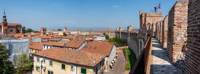 High angle view of old buildings in city