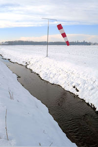 Scenic view of snow covered land against sky