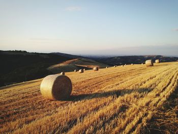 Hay bales on field against sky