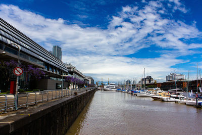 View of city at waterfront against cloudy sky