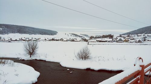 Snow covered landscape against sky