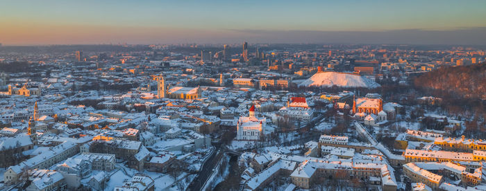 High angle view of city at dusk