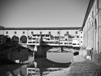 Bridge over river by buildings against clear sky