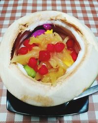 High angle view of dessert in plate on table