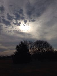 Bare trees on field against cloudy sky