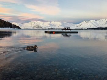 Scenic view of lake and snowcapped mountain against sky