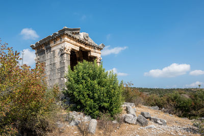 Low angle view of castle against blue sky