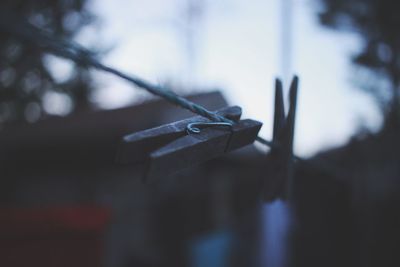 Close-up of wooden clothespins hanging on clothesline