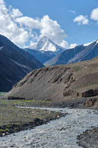 Scenic view of mountains against cloudy sky